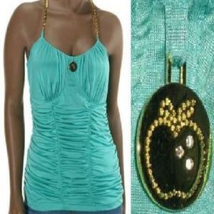 NWT Apple Bottoms ruched Satin Bustier Gold Chain Straps Jewel Top M